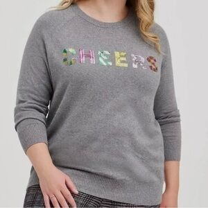TORRID Sweater Womens Size 3X Gray CHEERS Sequins Holiday New Year Lightweight